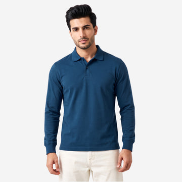 CAVYND Men's Cotton-Polyester Blend Full Sleeve Polo T-Shirt – Classic Blue