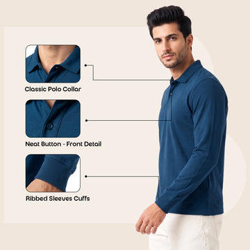 CAVYND Men's Cotton-Polyester Blend Full Sleeve Polo T-Shirt – Classic Blue