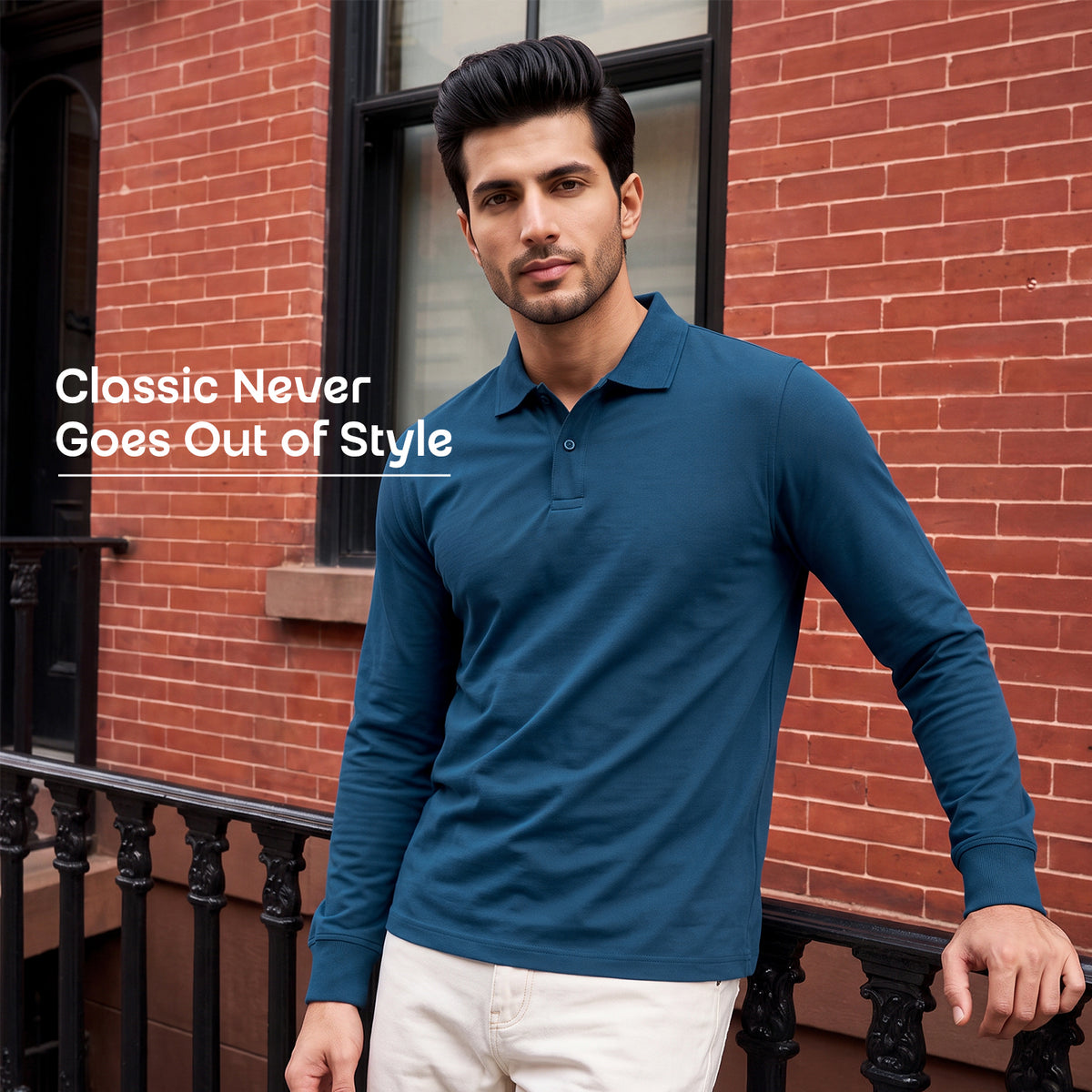 CAVYND Men's Cotton-Polyester Blend Full Sleeve Polo T-Shirt – Classic Blue
