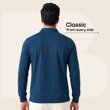 CAVYND Men's Cotton-Polyester Blend Full Sleeve Polo T-Shirt – Classic Blue