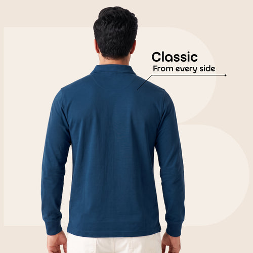 CAVYND Men's Cotton-Polyester Blend Full Sleeve Polo T-Shirt – Classic Blue