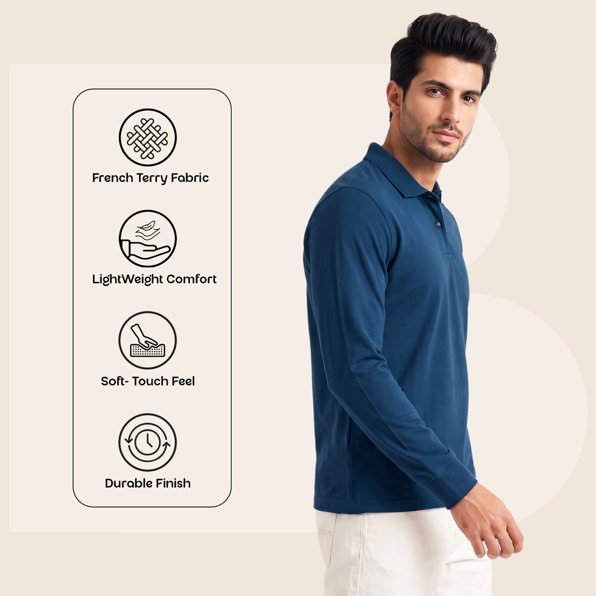 CAVYND Men's Cotton-Polyester Blend Full Sleeve Polo T-Shirt – Classic Blue