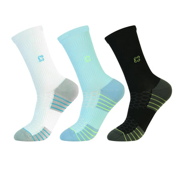 CAVYND RUN Men's Performance Crew Socks – Sky Blue, Black & Light Grey (Pack of 3)
