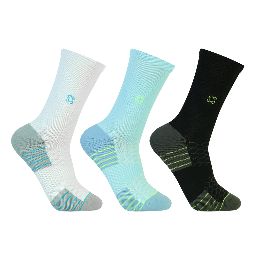 CAVYND RUN Men's Performance Crew Socks – Sky Blue, Black & Light Grey (Pack of 3)