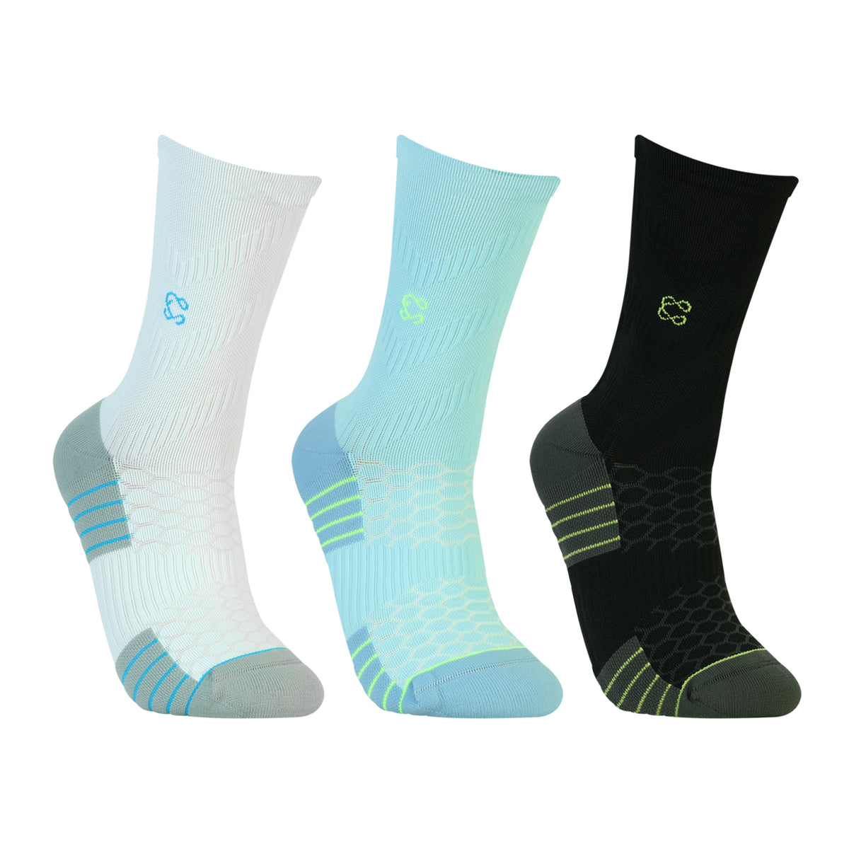 CAVYND RUN Men's Performance Crew Socks – Sky Blue, Black & Light Grey (Pack of 3)